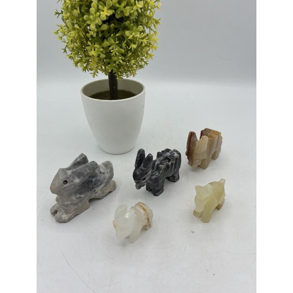 Lot 5 Hand Carved Stone Animal Figurines Onyx Marble Donkey Bunny Horse